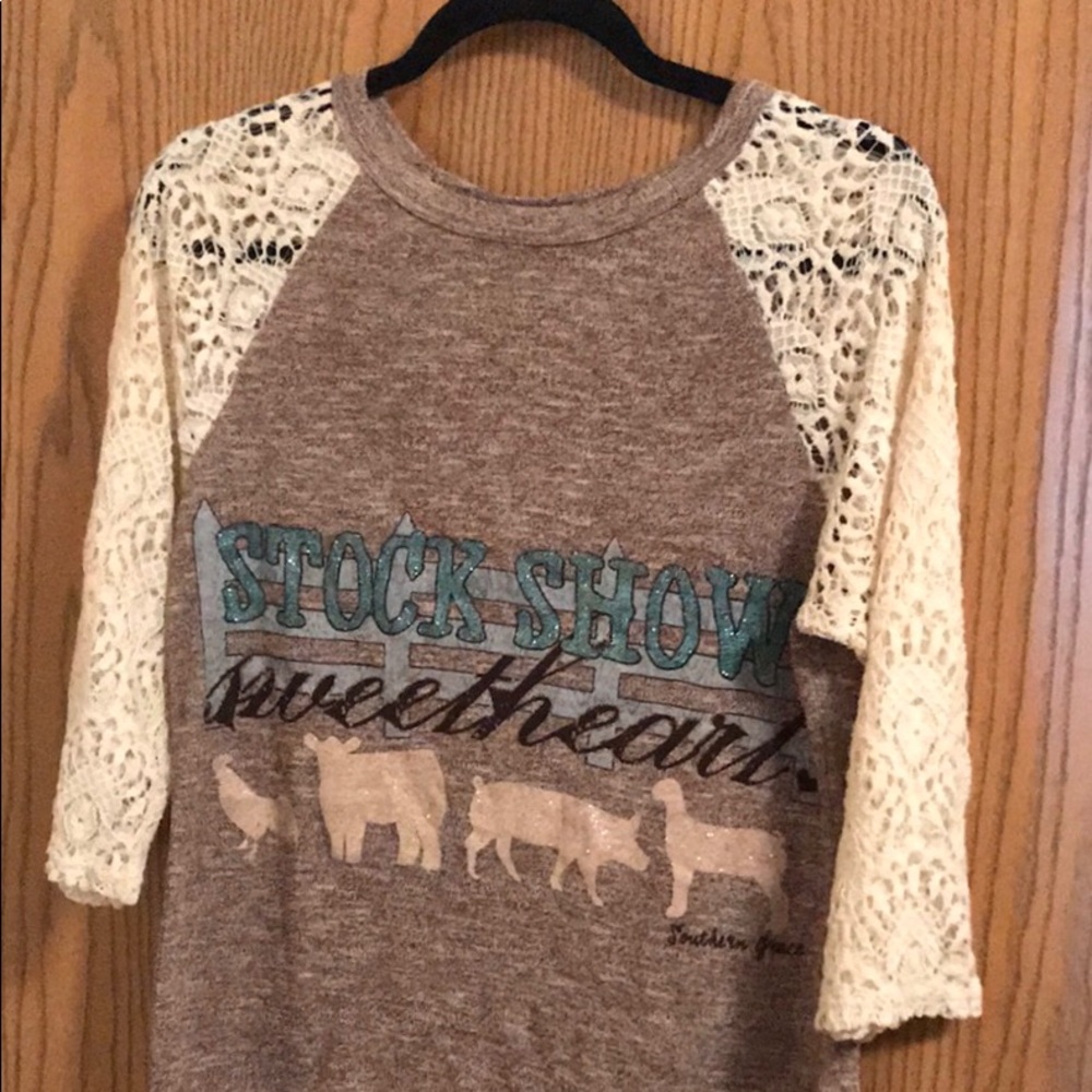 Southern Grace Lace Sleeve Top stock show